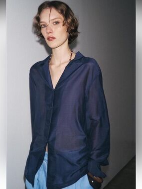 Navy Button-Down Silk Shirt